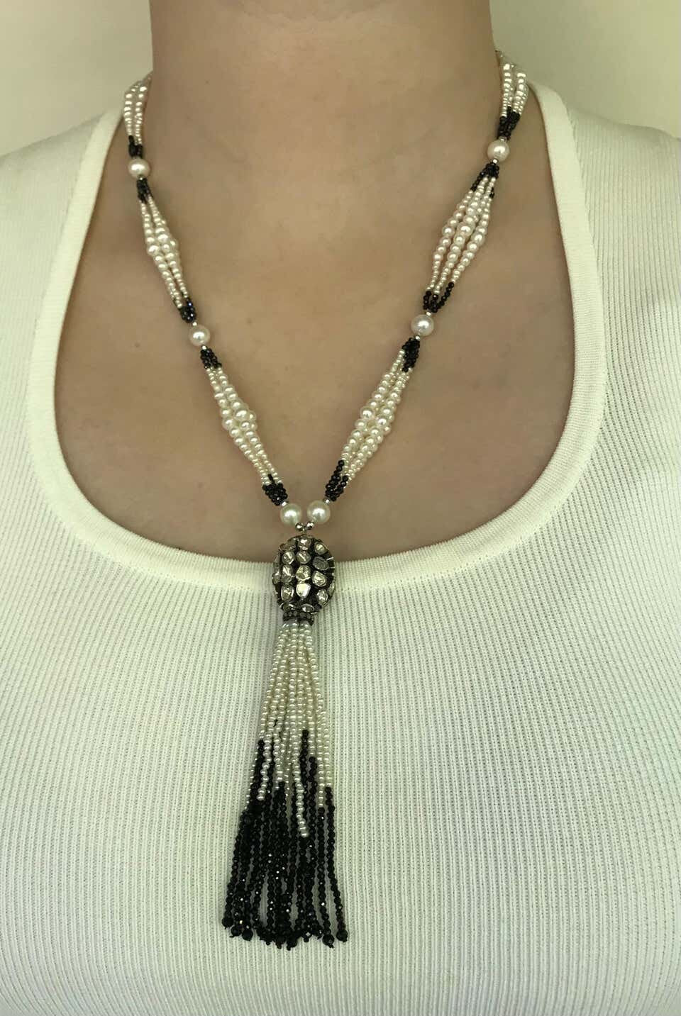 Marina J. Multi Graduated Sautoir with White Pearls, Black Spinel, and Tassel