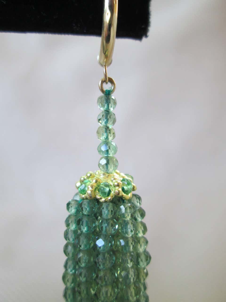 Marina J Green Onyx Bead Tassel Dangle Earrings with 14K Yellow Gold Cup