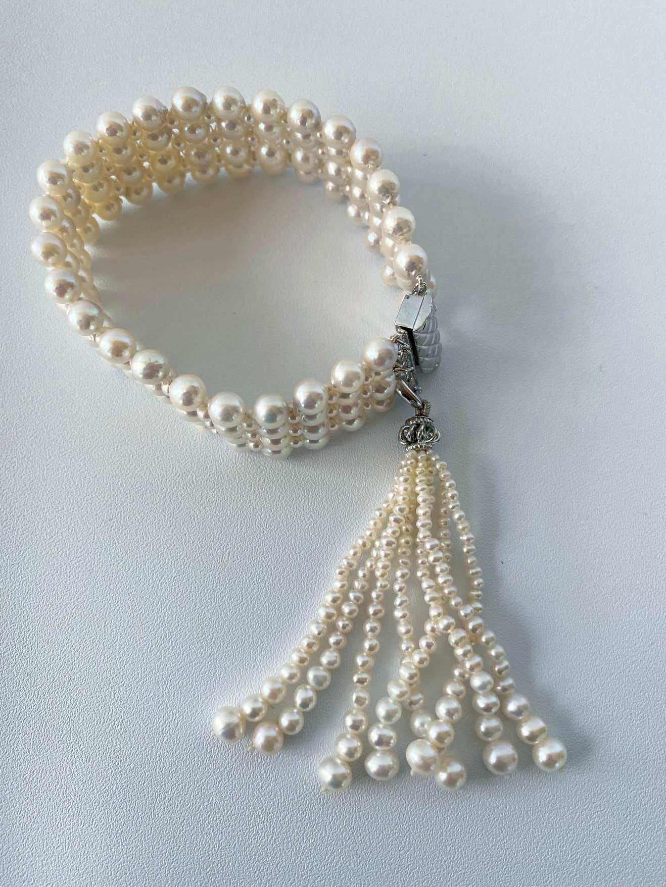 Art Deco Inspired Woven Pearl Bracelet with Pearl Tassel & Rhodium