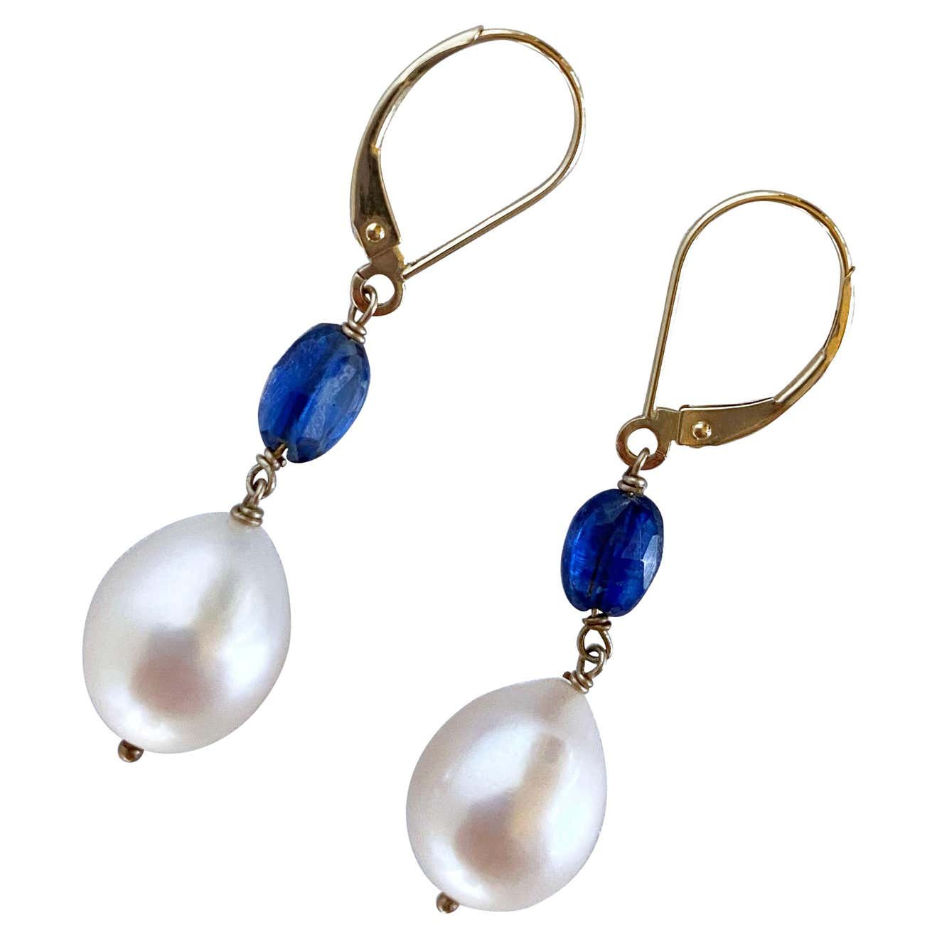 Pearl, Kyanite and 14k Yellow Gold Lever Back Earrings