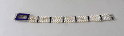 Woven Pearl Bracelet with Blue Enamel Buckle, 14k & Lapis Lazuli