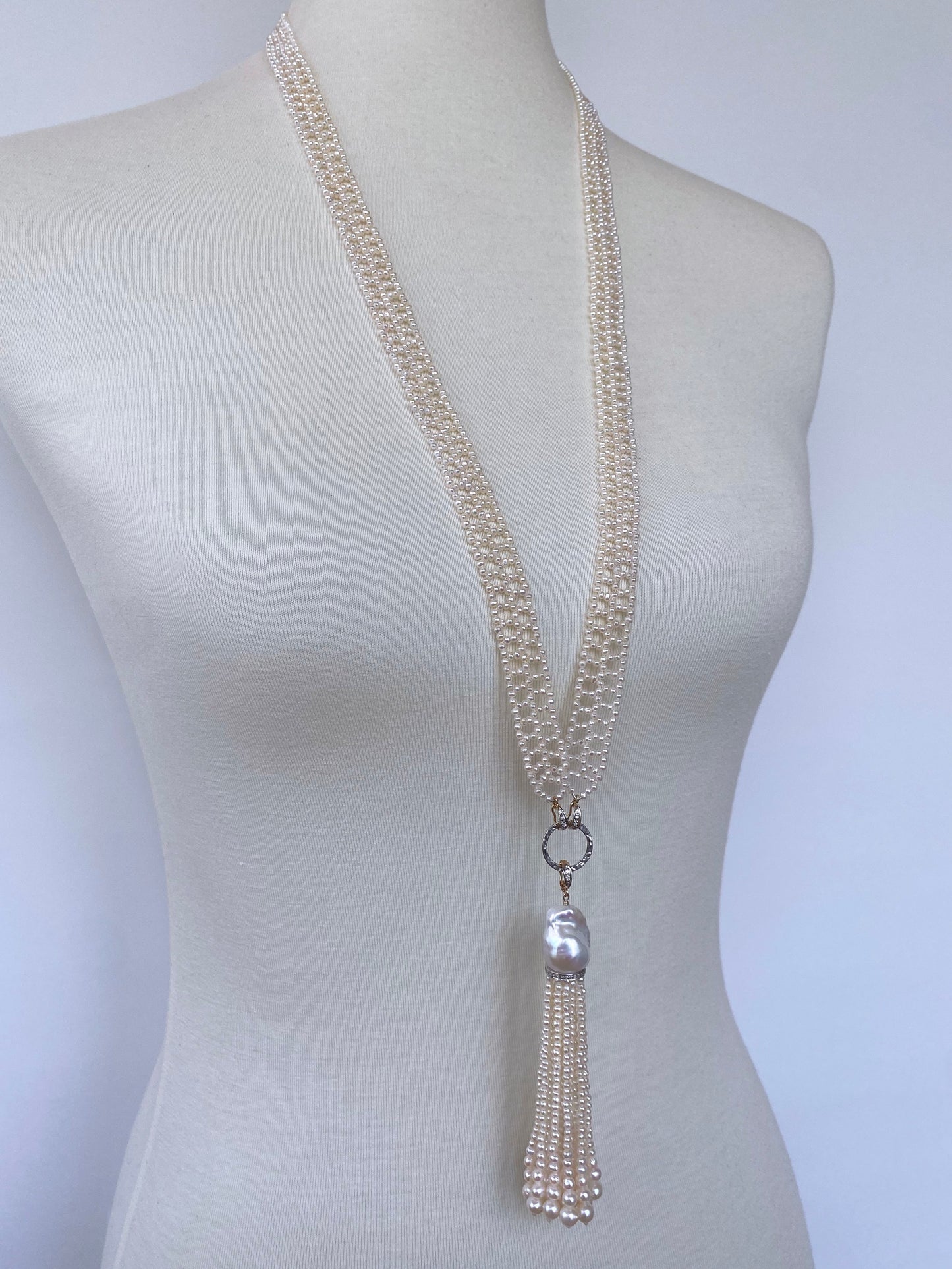 Lace Woven Pearl Sautoir with Diamond Encrusted solid 14k Gold