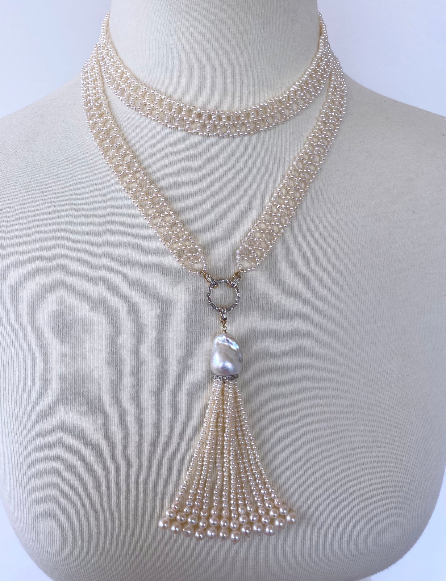 Lace Woven Pearl Sautoir with Diamond Encrusted solid 14k Gold