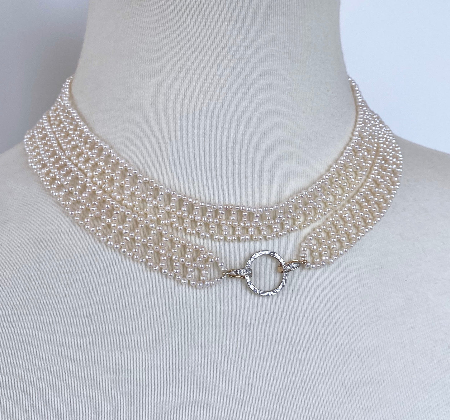 Lace Woven Pearl Sautoir with Diamond Encrusted solid 14k Gold