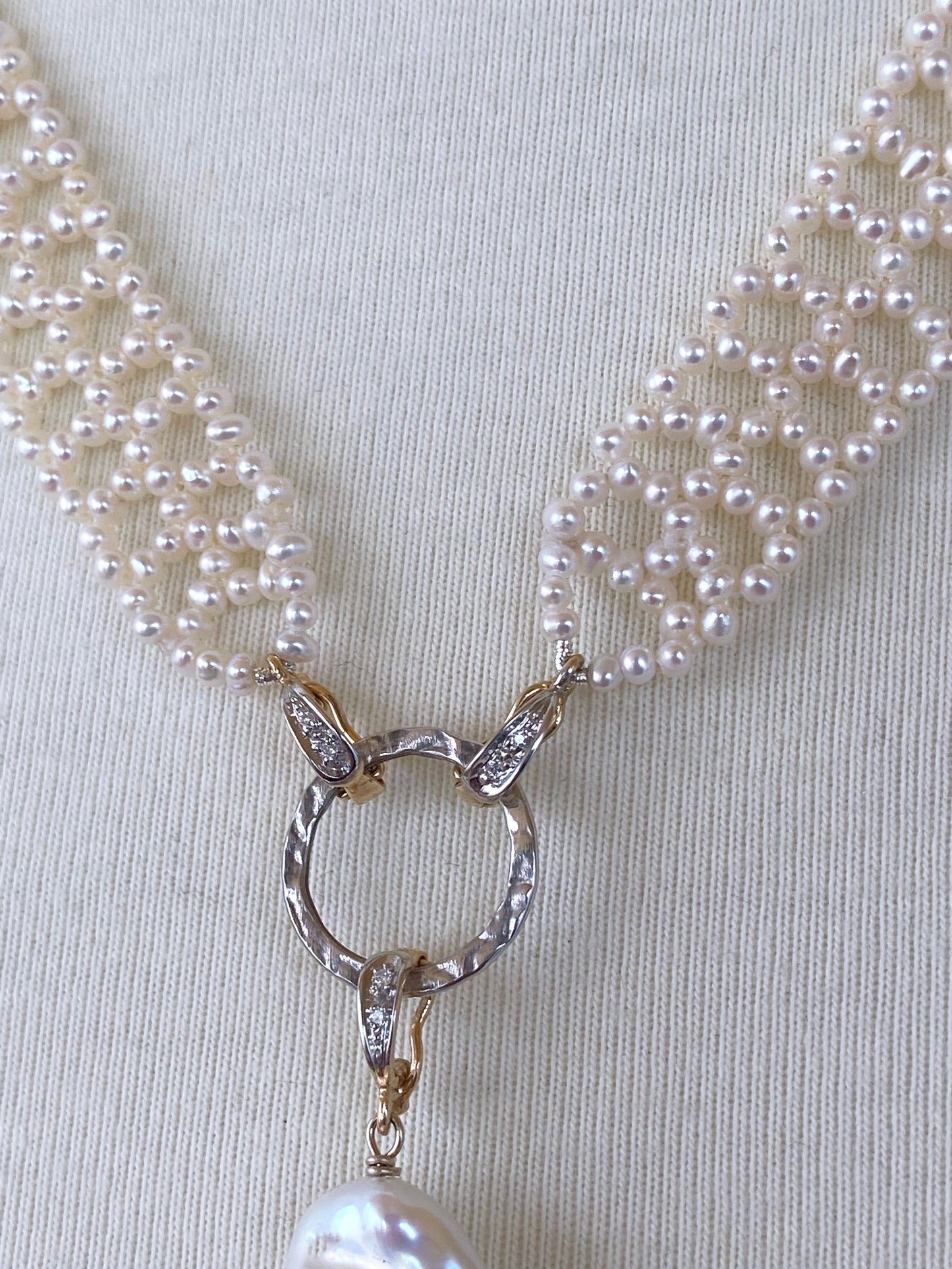 Lace Woven Pearl Sautoir with Diamond Encrusted solid 14k Gold