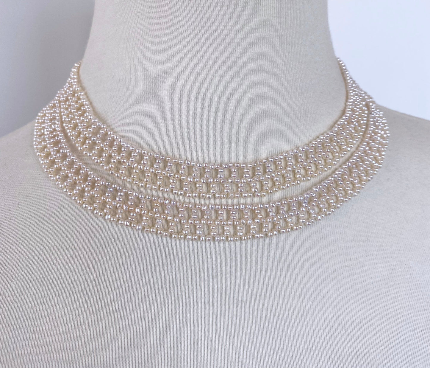 Lace Woven Pearl Sautoir with Diamond Encrusted solid 14k Gold