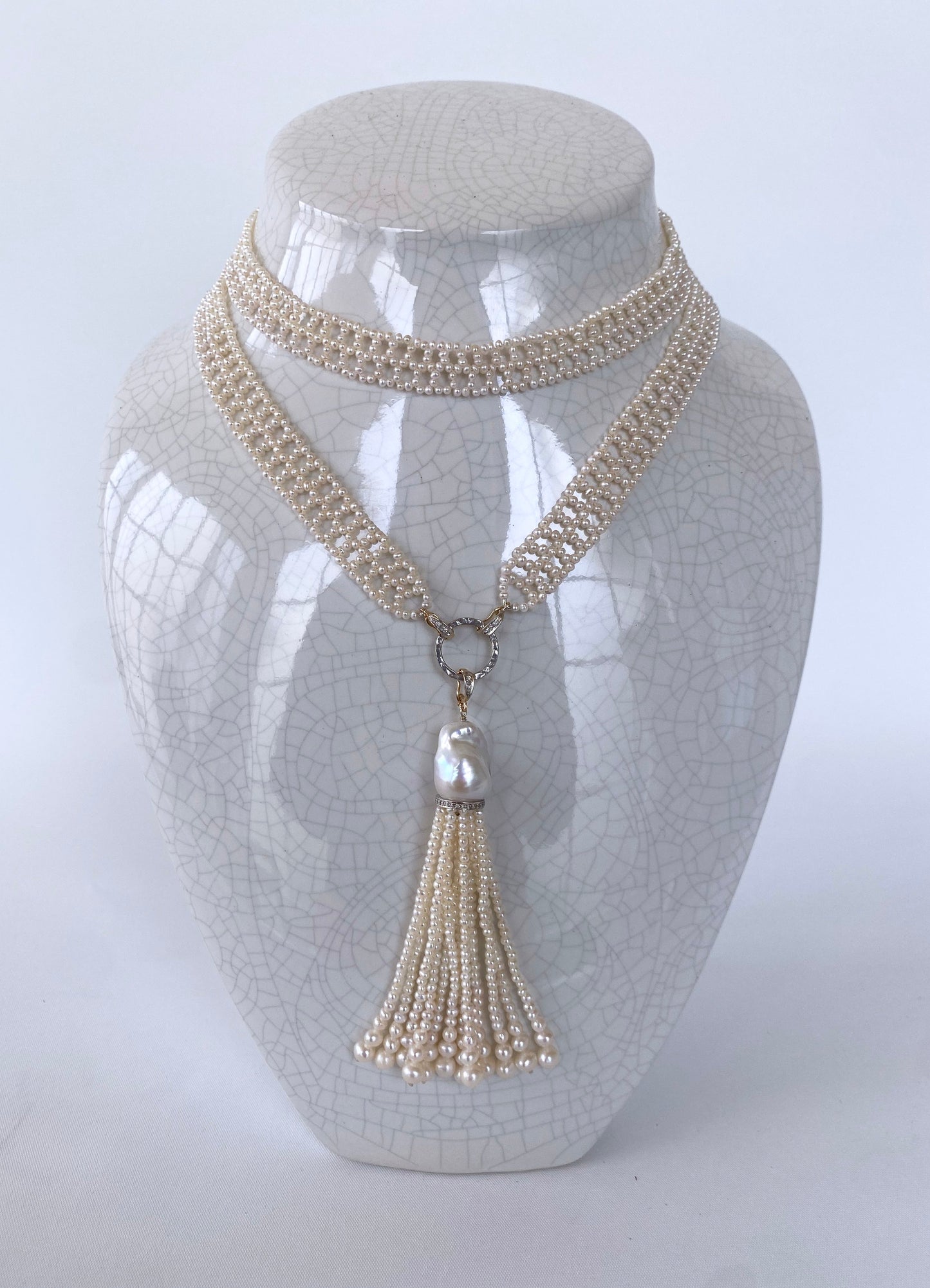 Lace Woven Pearl Sautoir with Diamond Encrusted solid 14k Gold
