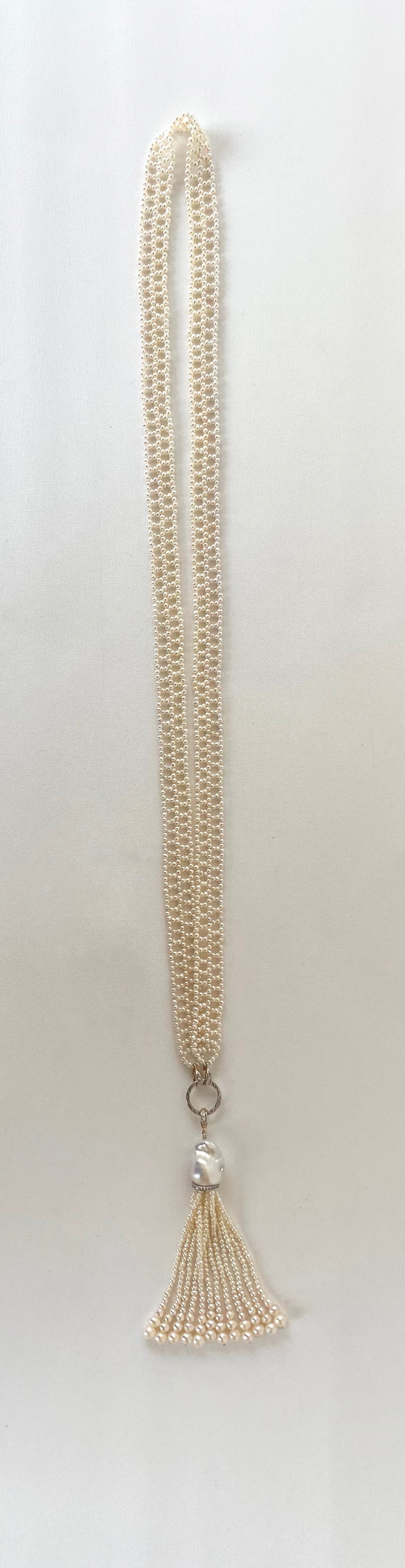 Lace Woven Pearl Sautoir with Diamond Encrusted solid 14k Gold