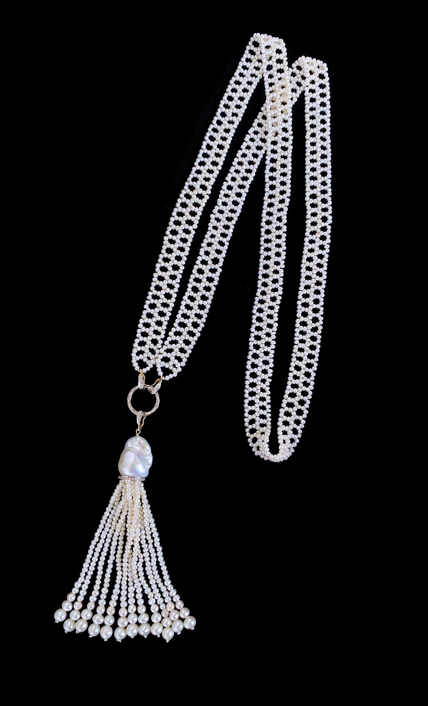Lace Woven Pearl Sautoir with Diamond Encrusted solid 14k Gold