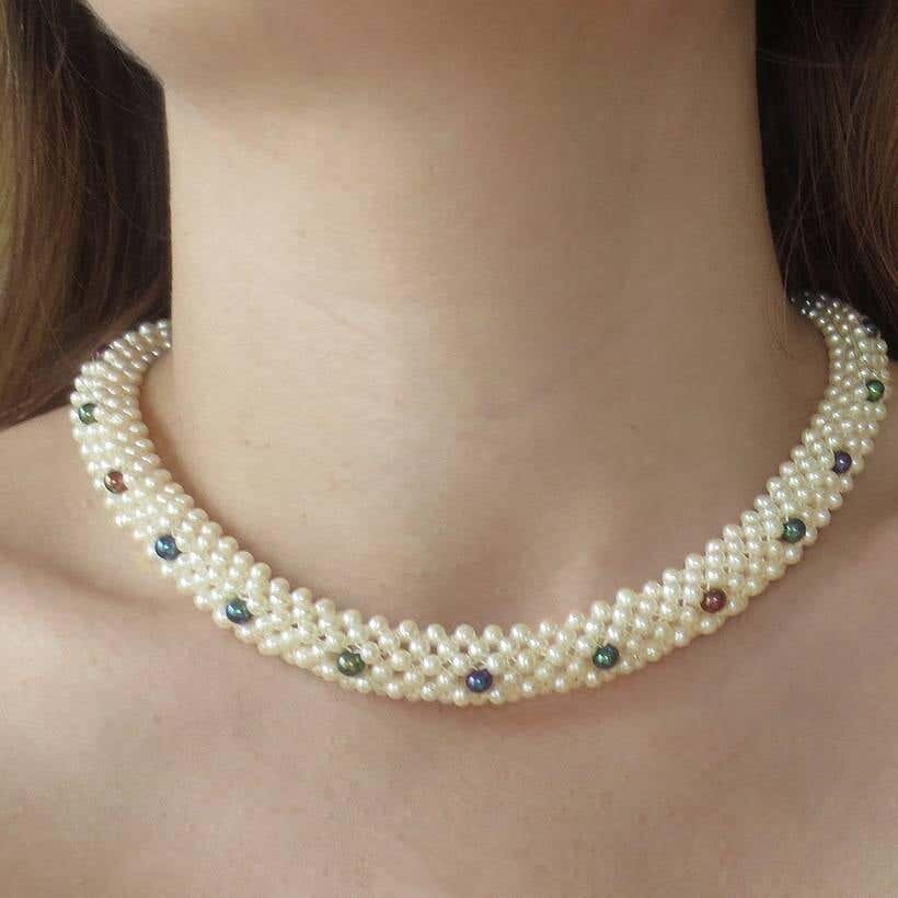 Woven Black & White Pearl Rope Necklace with 14K Yellow Gold Clasp