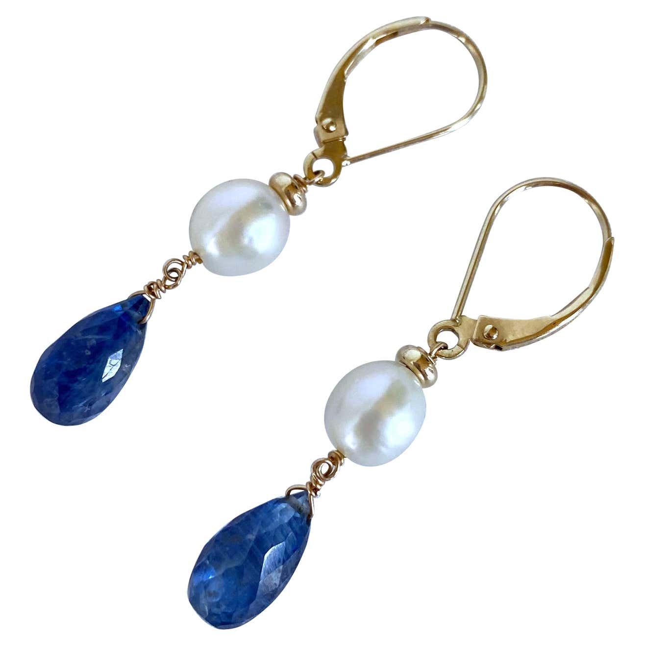 Pearl, Kyanite and 14k Yellow Gold Lever Back Earrings