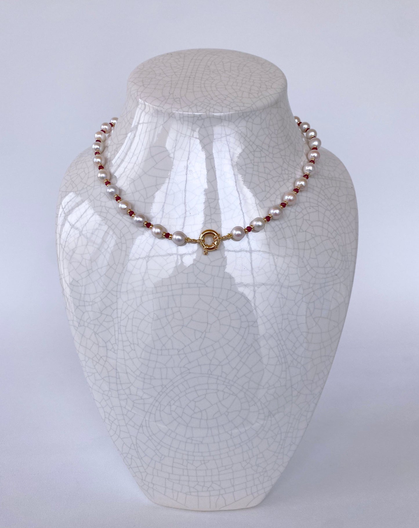 Valentines Ruby, Pearl and Solid 14k Yellow Gold Necklace