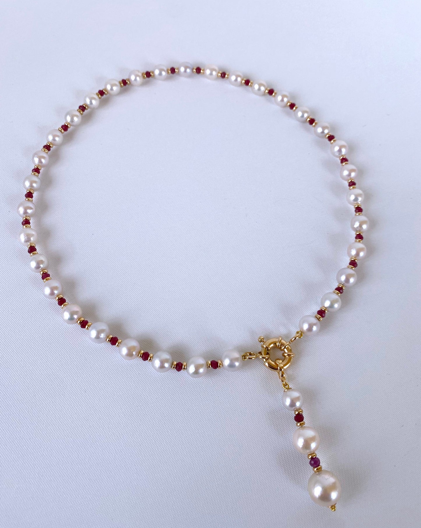 Valentines Ruby, Pearl and Solid 14k Yellow Gold Necklace