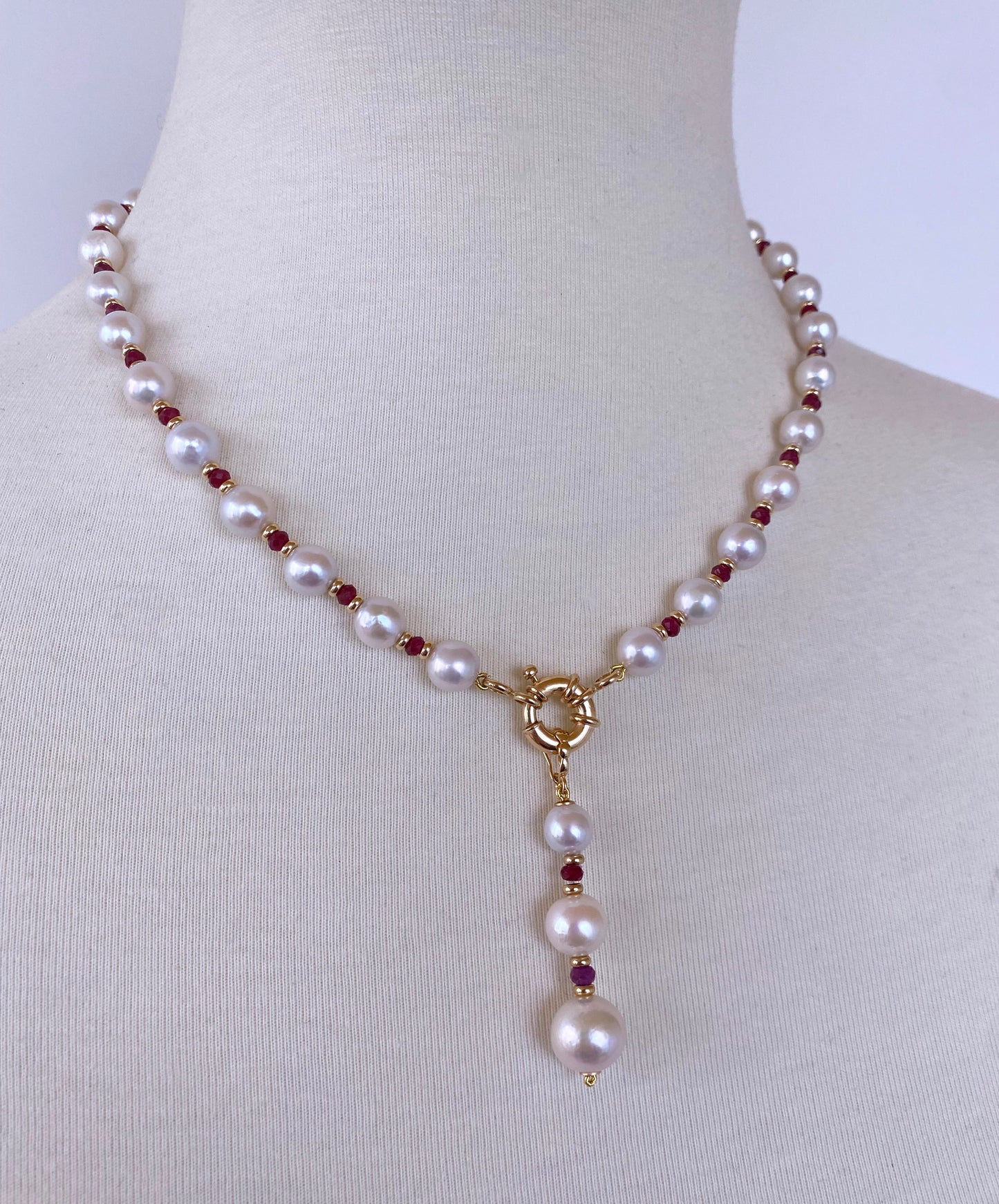 Valentines Ruby, Pearl and Solid 14k Yellow Gold Necklace