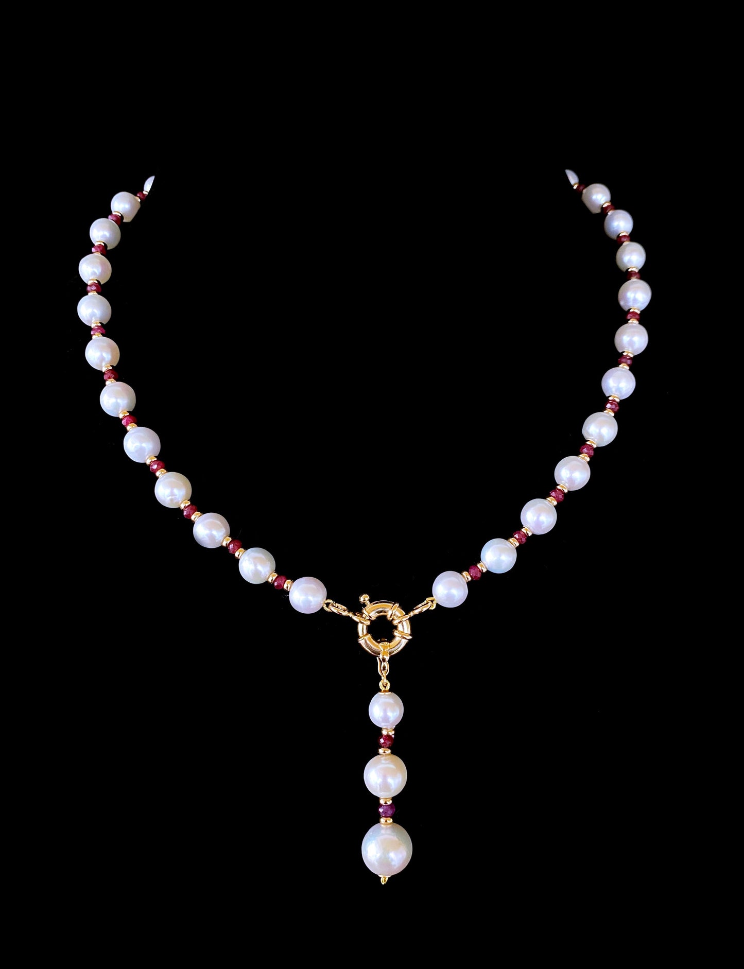 Valentines Ruby, Pearl and Solid 14k Yellow Gold Necklace