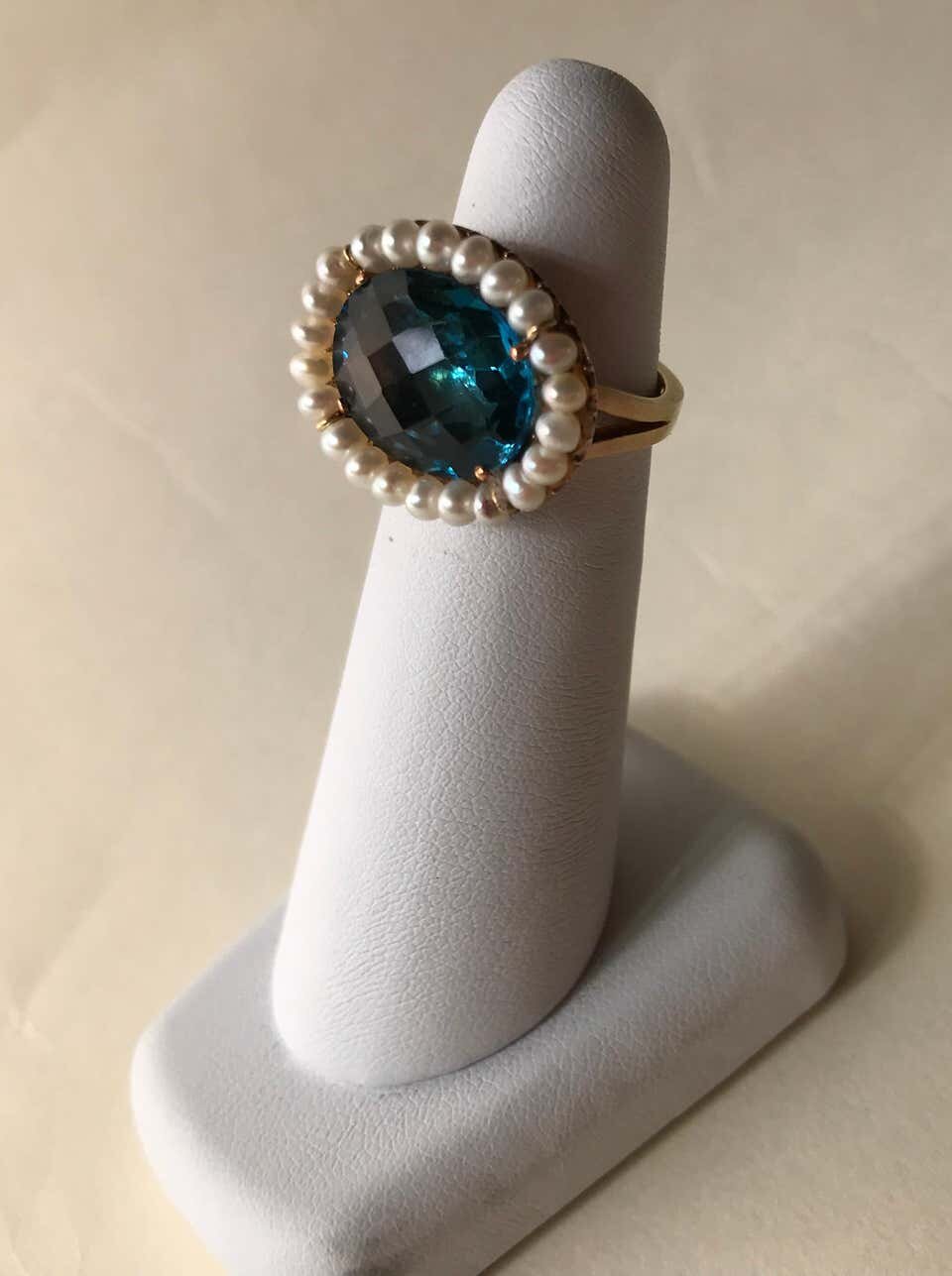 18 Karat Yellow Gold with London Blue Topaz Stone and Pearls Ring