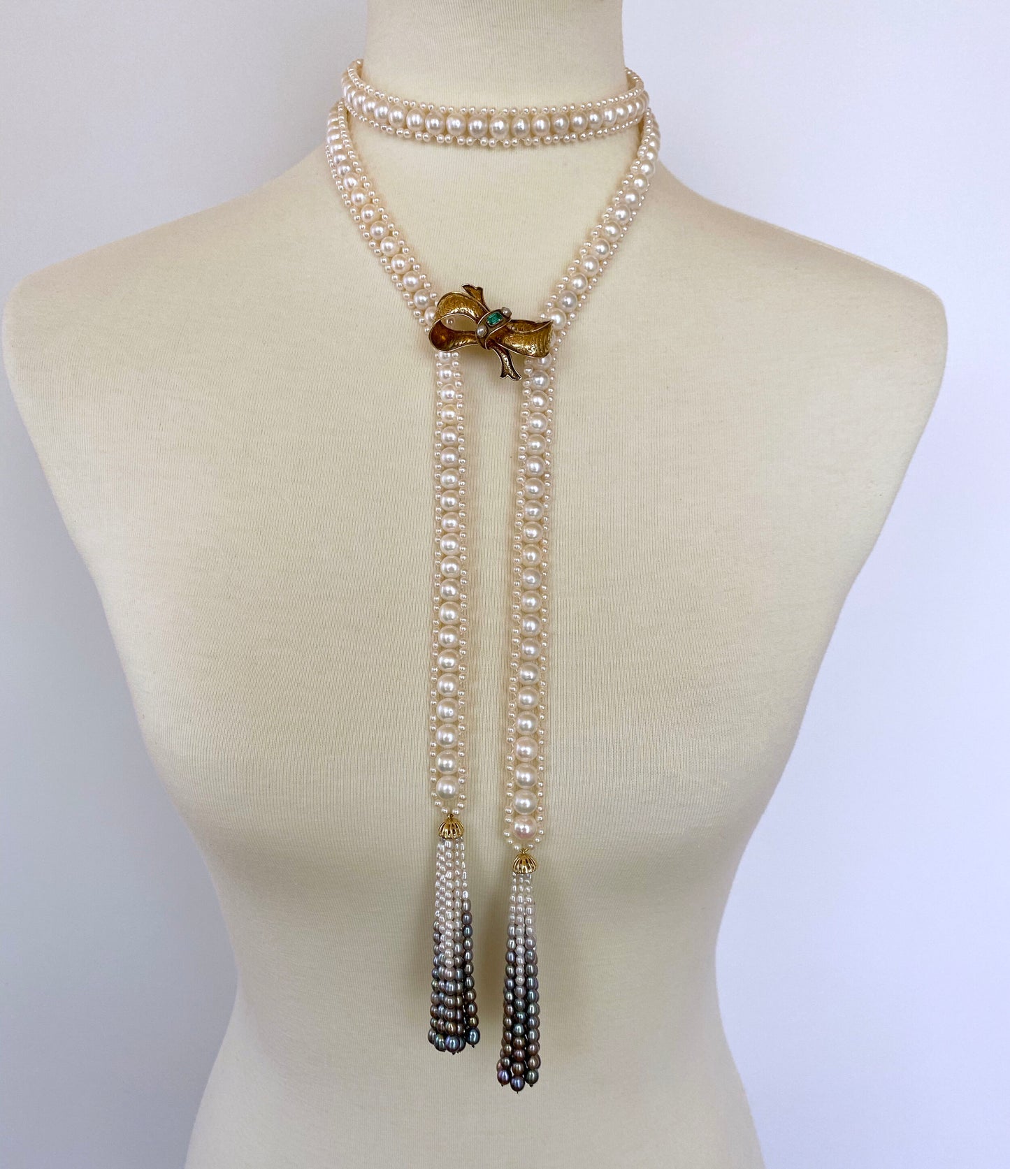 Woven Pearl Sautoir with Graduated Ombre Tassels and 14K Yellow Gold