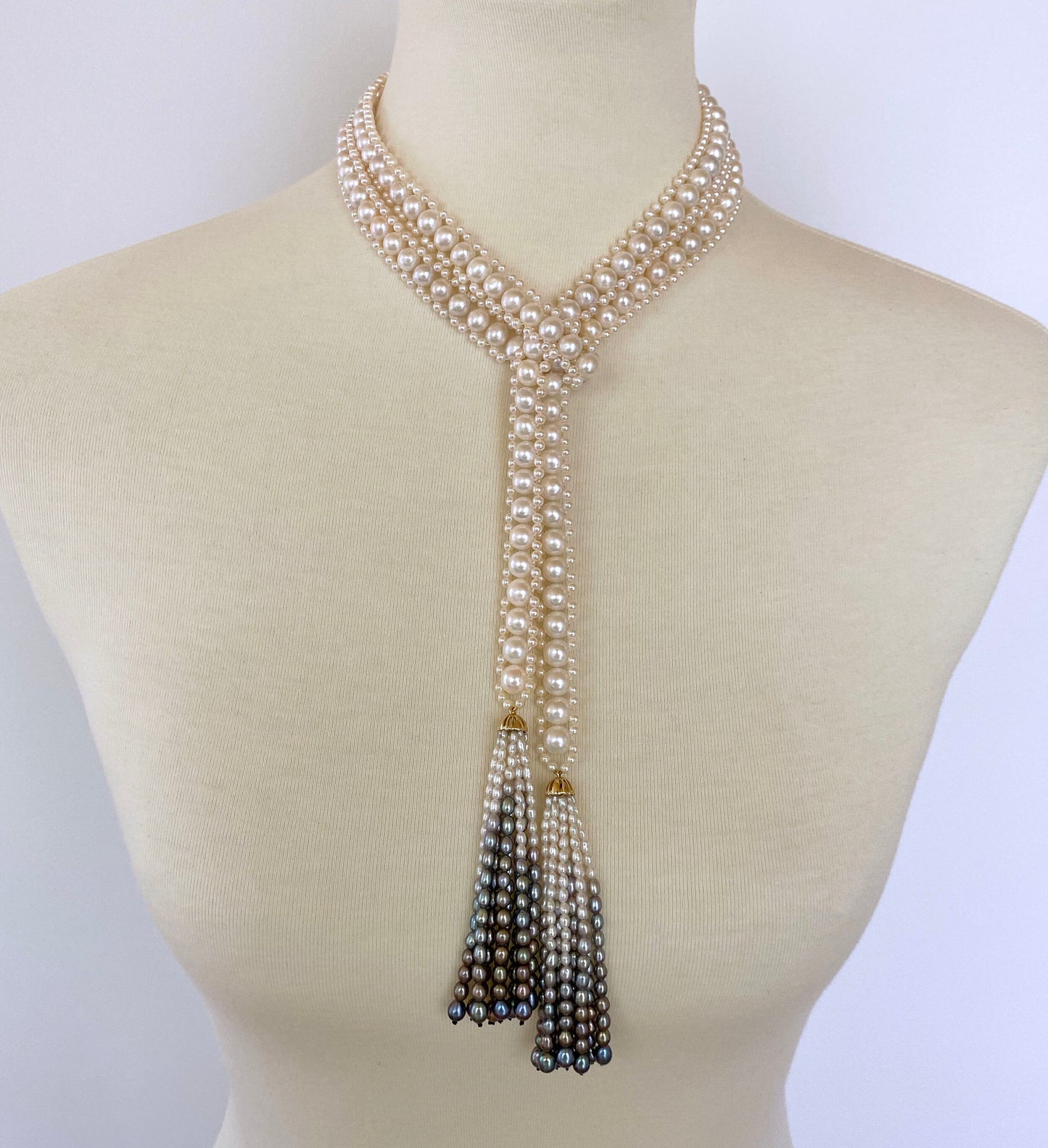 Woven Pearl Sautoir with Graduated Ombre Tassels and 14K Yellow Gold