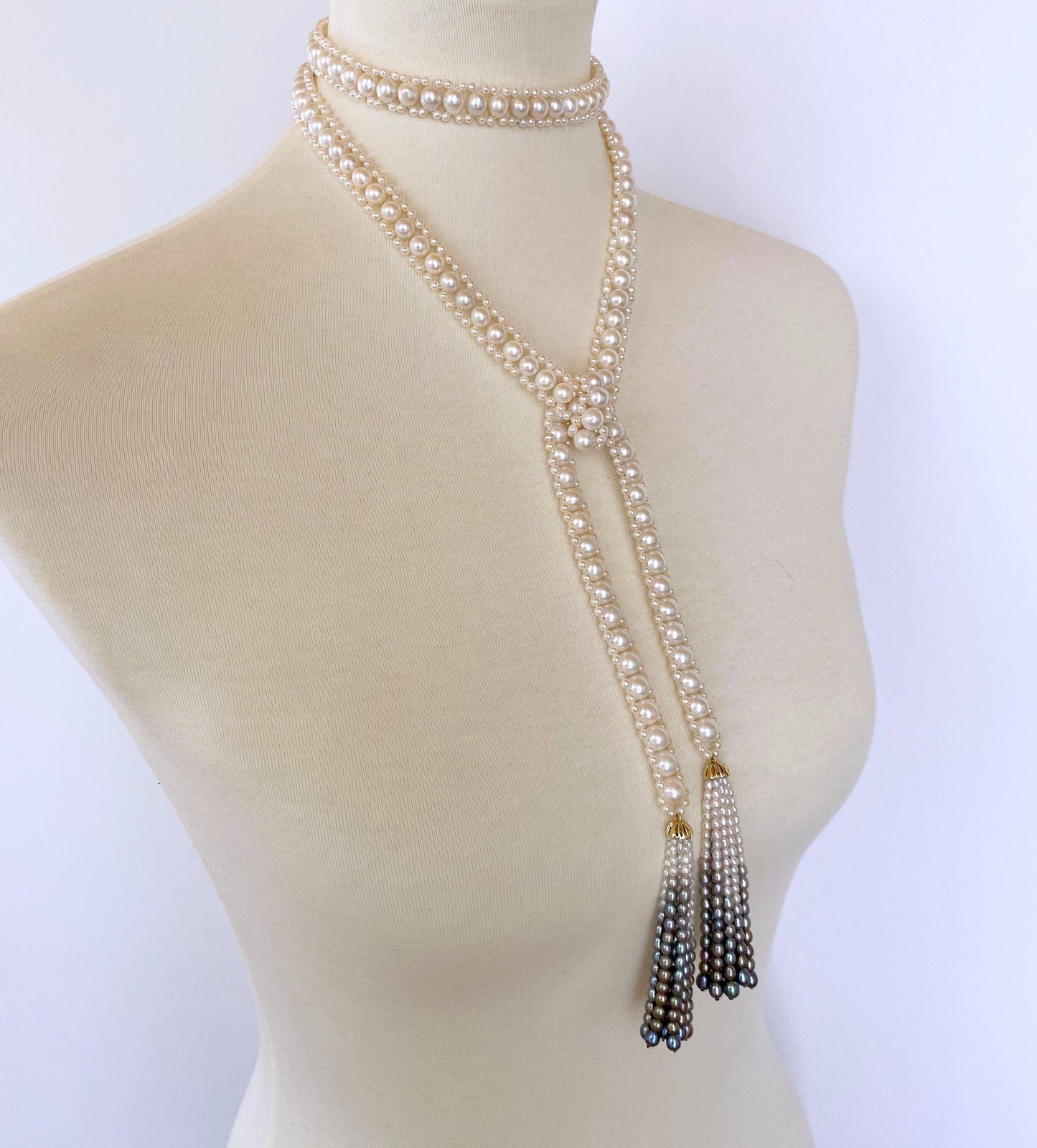 Woven Pearl Sautoir with Graduated Ombre Tassels and 14K Yellow Gold
