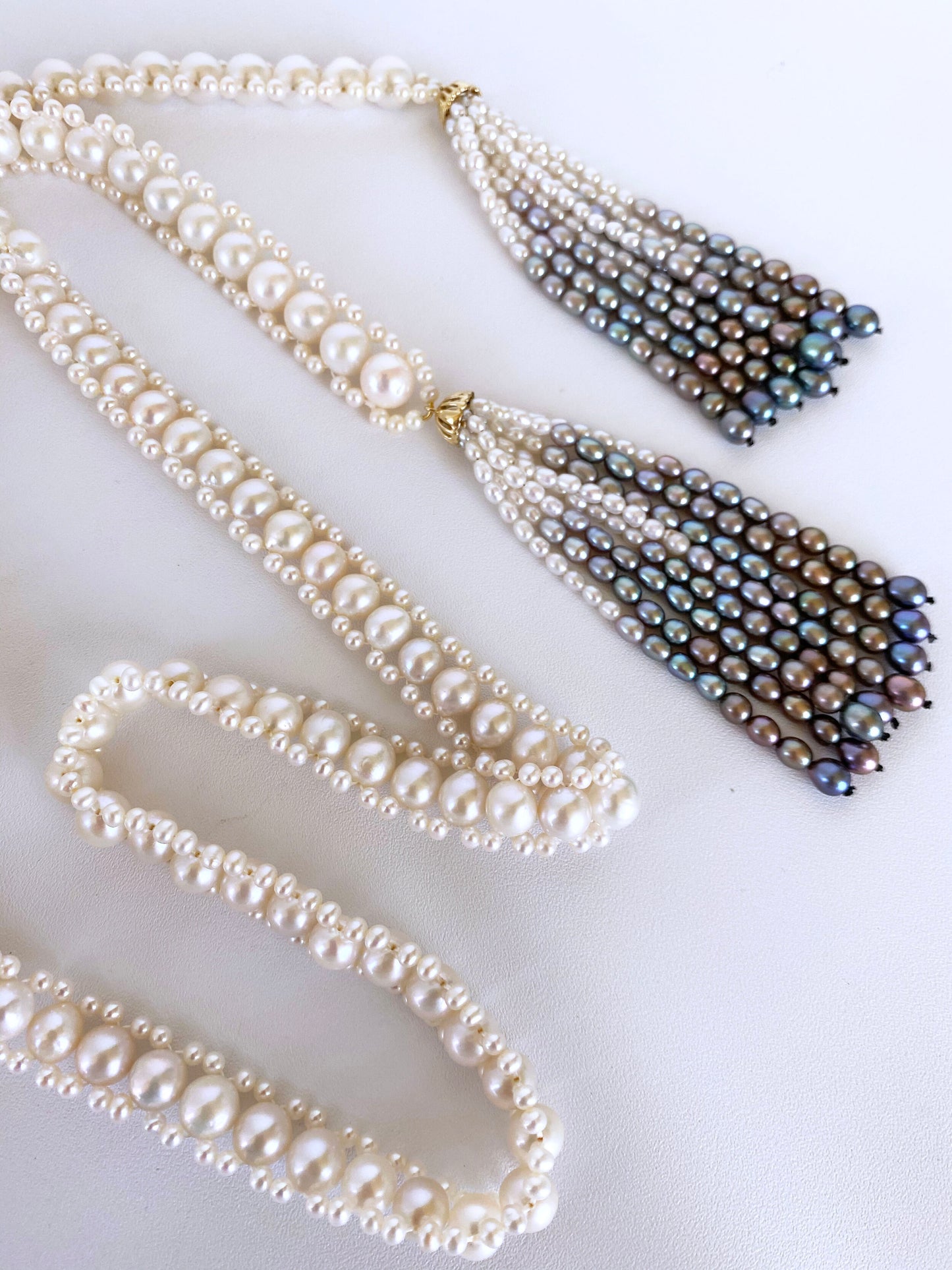 Woven Pearl Sautoir with Graduated Ombre Tassels and 14K Yellow Gold