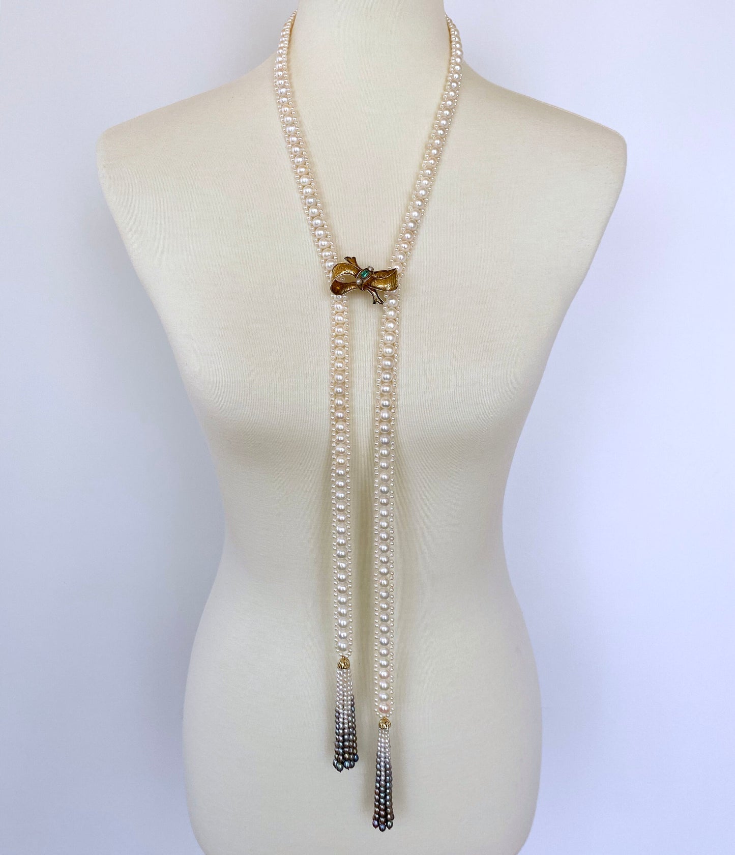 Woven Pearl Sautoir with Graduated Ombre Tassels and 14K Yellow Gold