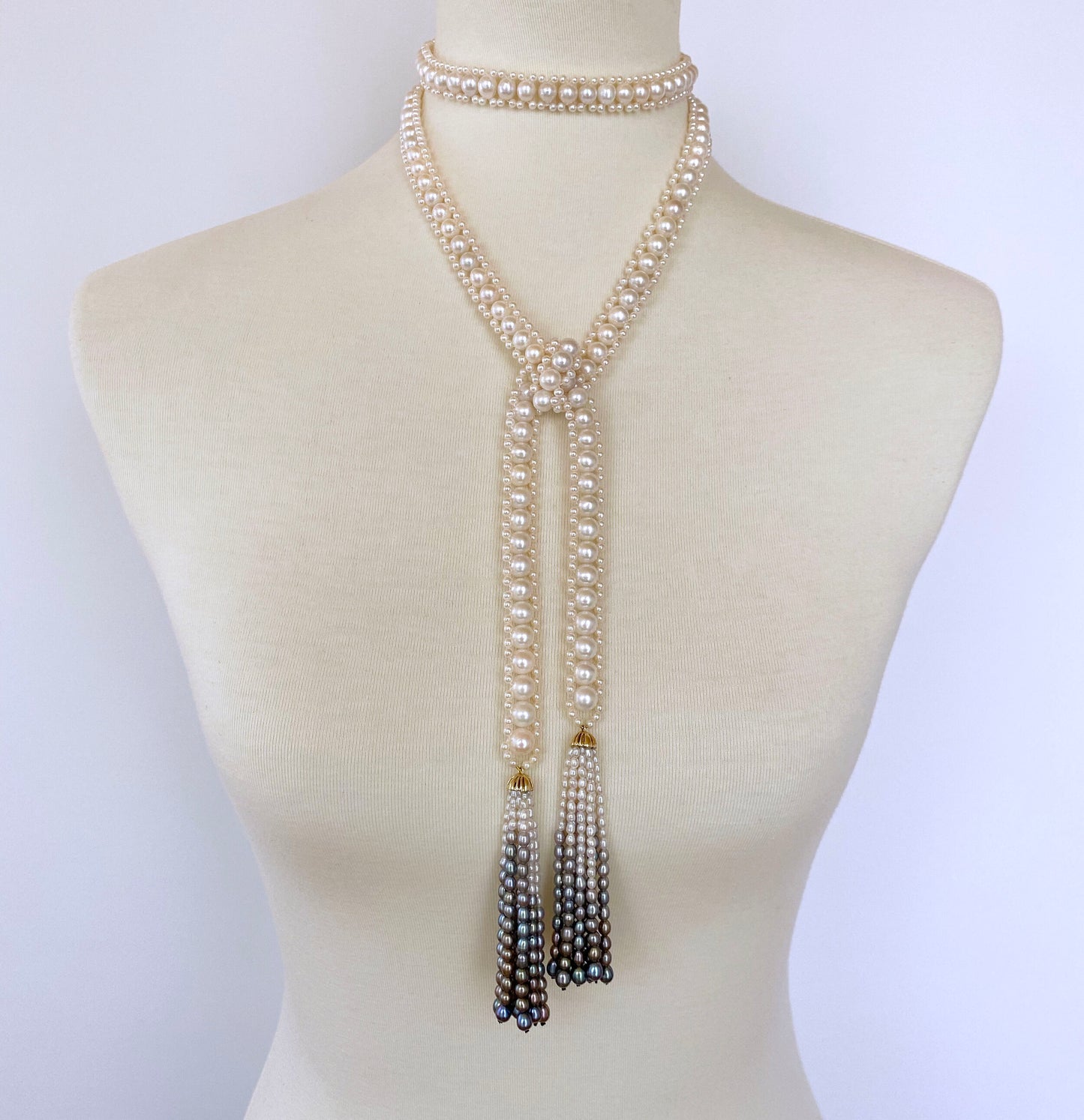 Woven Pearl Sautoir with Graduated Ombre Tassels and 14K Yellow Gold