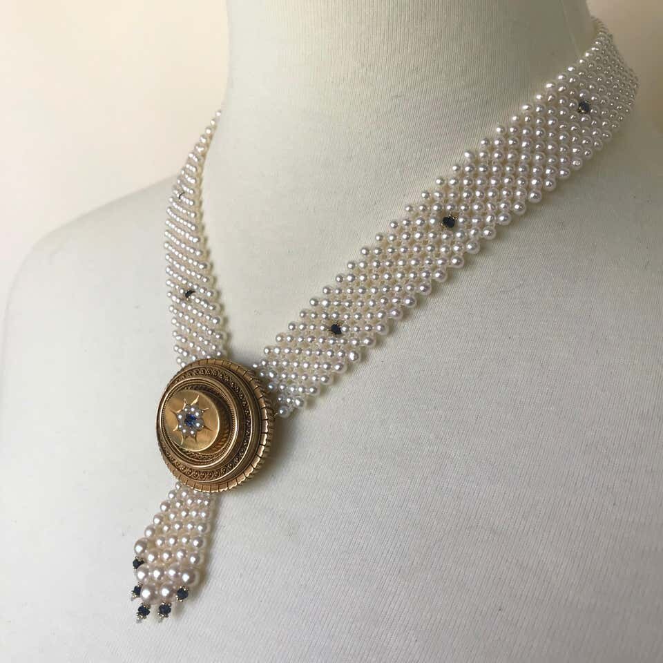 Marina J Pearl & Sapphire Necklace with Vintage English Victorian Brooch & Gold
