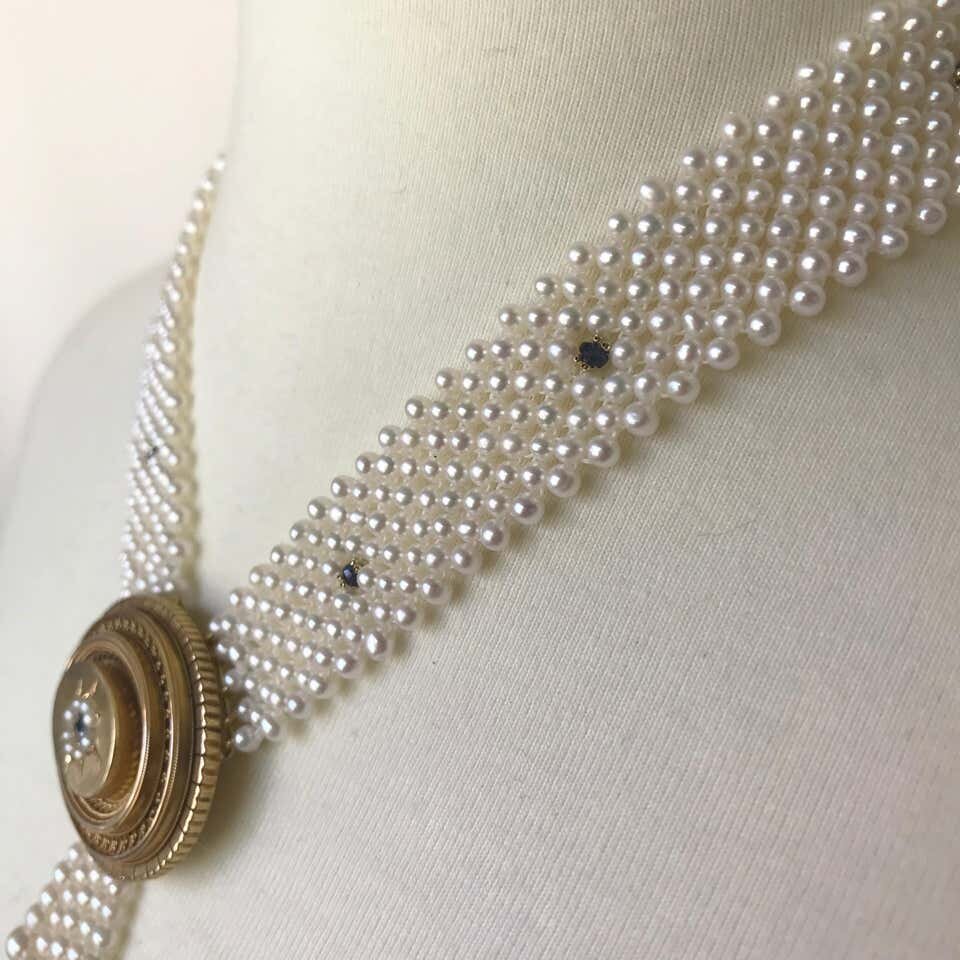 Marina J Pearl & Sapphire Necklace with Vintage English Victorian Brooch & Gold