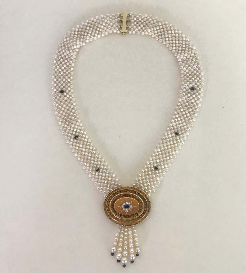 Marina J Pearl & Sapphire Necklace with Vintage English Victorian Brooch & Gold