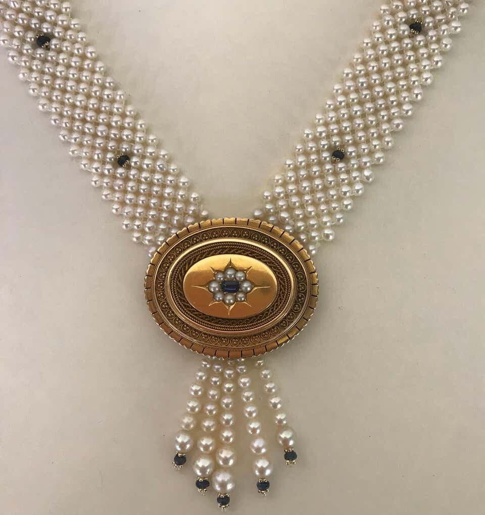 Marina J Pearl & Sapphire Necklace with Vintage English Victorian Brooch & Gold