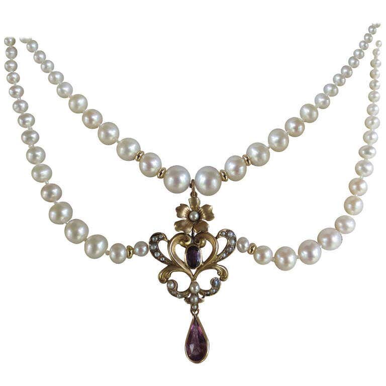 Marina J. Graduated Pearl Necklace with Gold Vintage Pendant & 14K Gold Clasp