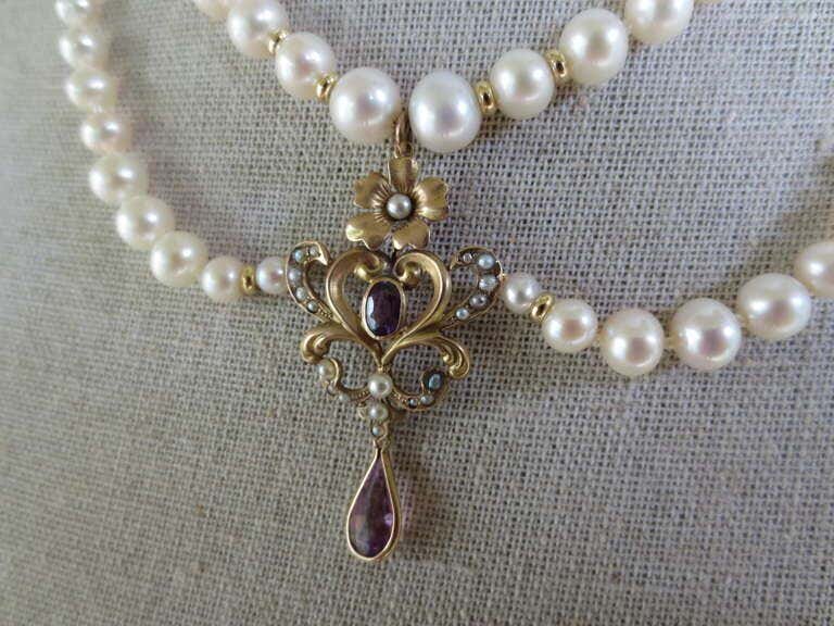 Marina J. Graduated Pearl Necklace with Gold Vintage Pendant & 14K Gold Clasp