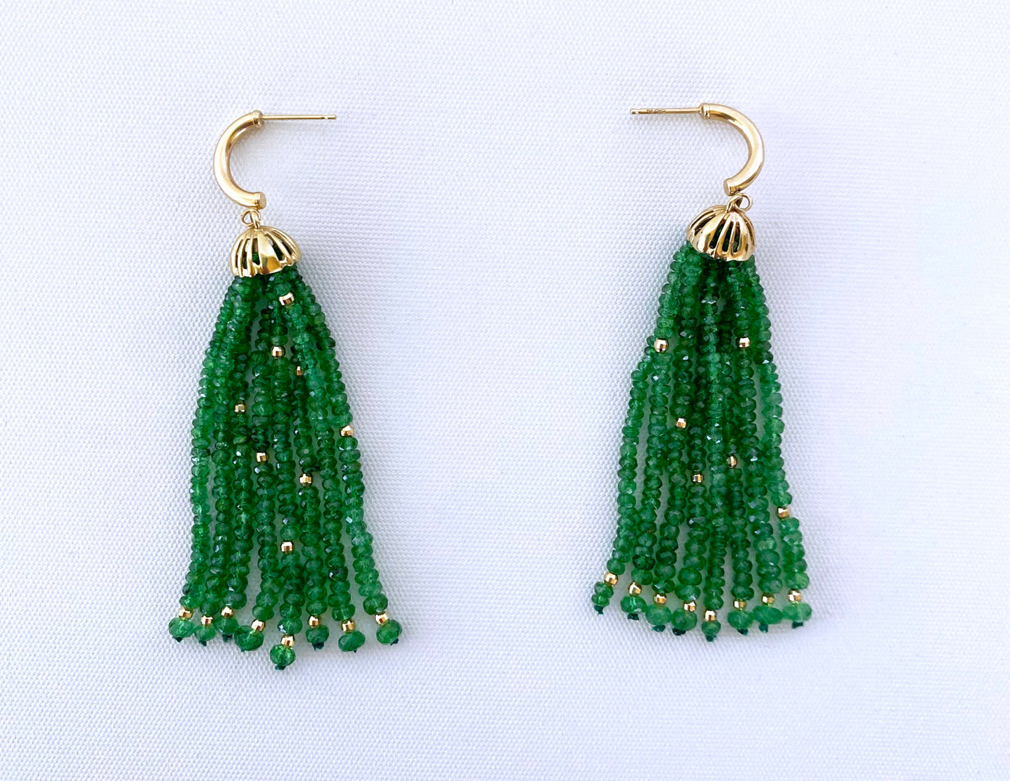 Pearl, Green Tsavorite & Solid 14k Yellow Gold Tassel Earrings