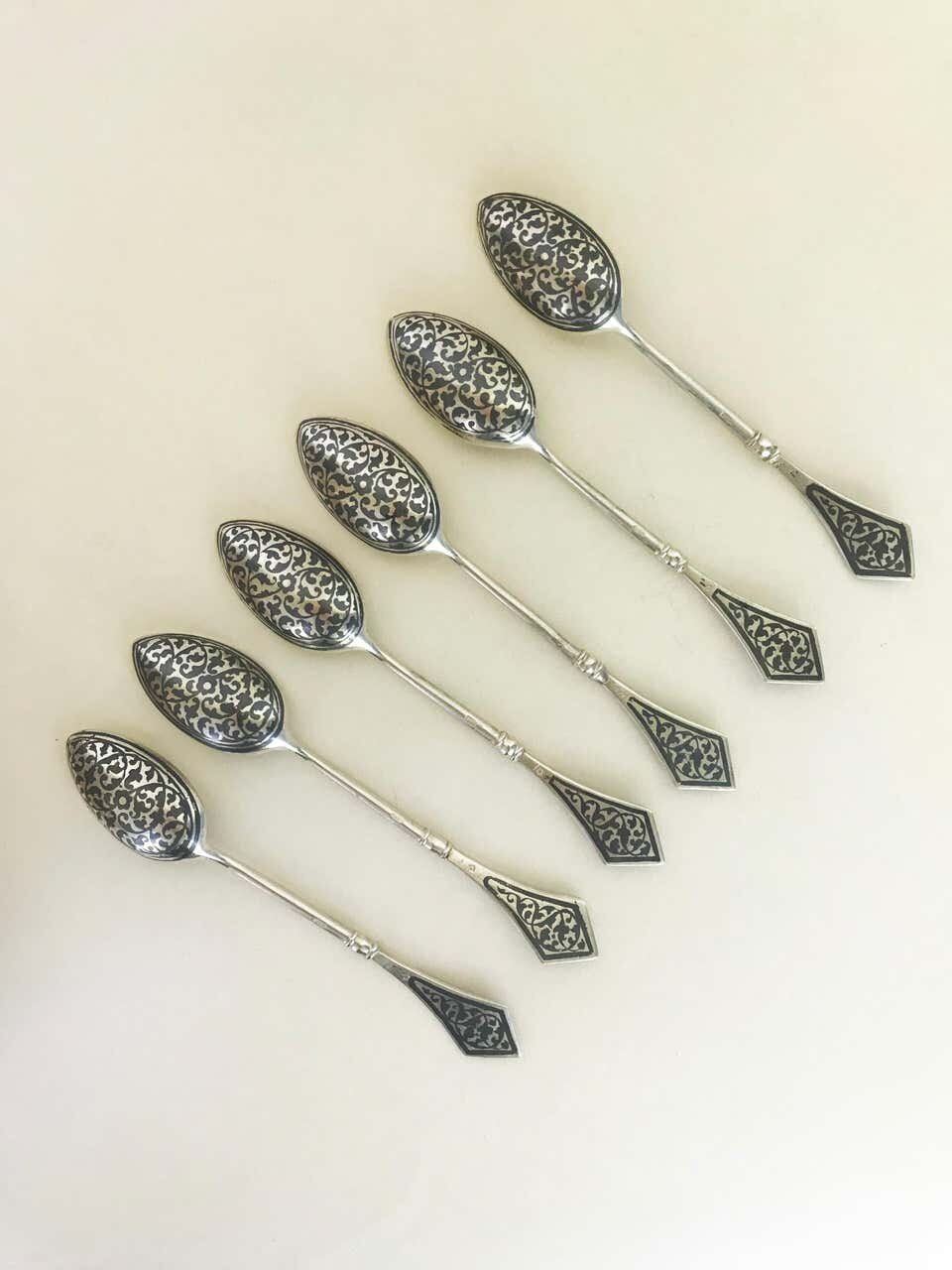 Fine Vintage Unique Sterling Silver-Guilt Niello Russian Spoon Set