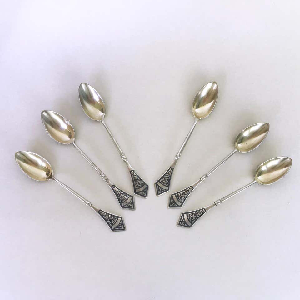 Fine Vintage Unique Sterling Silver-Guilt Niello Russian Spoon Set