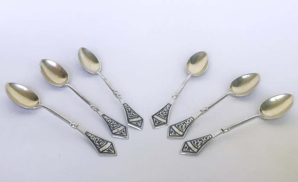 Fine Vintage Unique Sterling Silver-Guilt Niello Russian Spoon Set