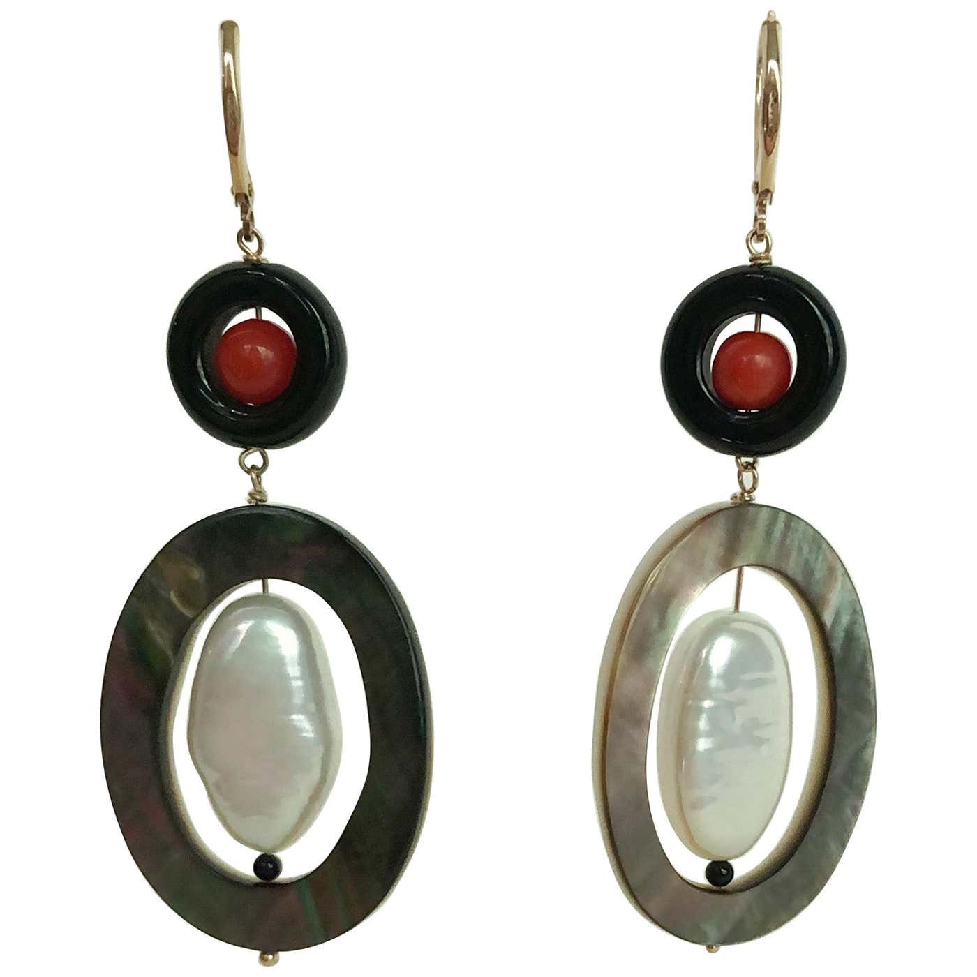 "Art Deco" Inspired Pearl Earrings with Coral, Onyx, Mother of Pearl and Solid 14 Karat Gold Lever Back Hooks