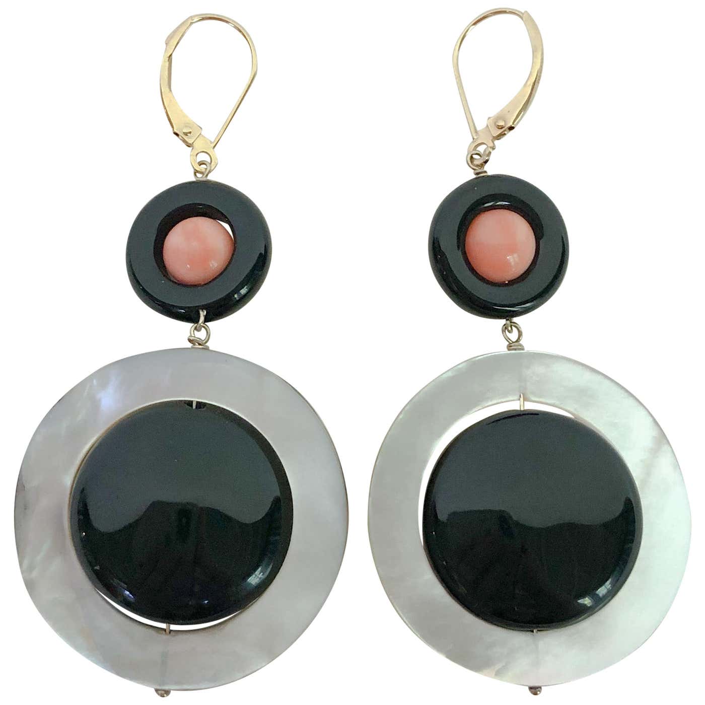 Pink Coral, Black Onyx & Mother of Pearl Earrings with 14k Yellow Gold Lever Back Hooks