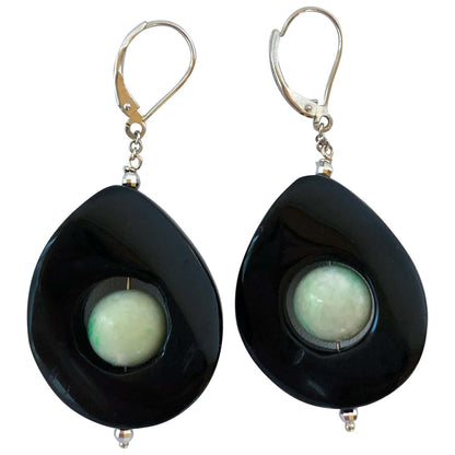 Jade and Onyx Drop Earrings with 14 Karat White Gold