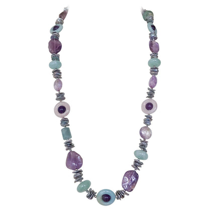 Amethyst, Rose Quartz, Grey Pearl & Aquamarine Infinity Necklace