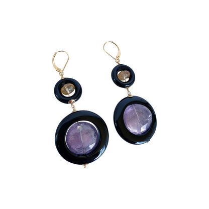 Amethyst, Citrine and Black Onyx Earrings with 14k Yellow Gold