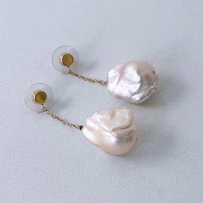 14k Golden Studded Baroque Pearl Dangle Earrings