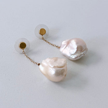 14k Golden Studded Baroque Pearl Dangle Earrings