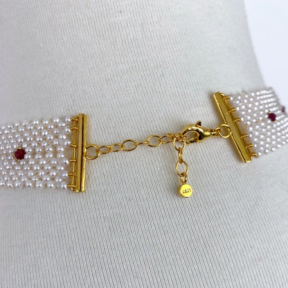 One of A Kind Pearl Woven Necklace with Rubies & Pink Topaz