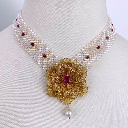 One of A Kind Pearl Woven Necklace with Rubies & Pink Topaz