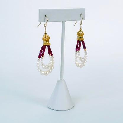 Graduated Ruby, Pearl & 18kYellow Gold Plated Dangle Earrings