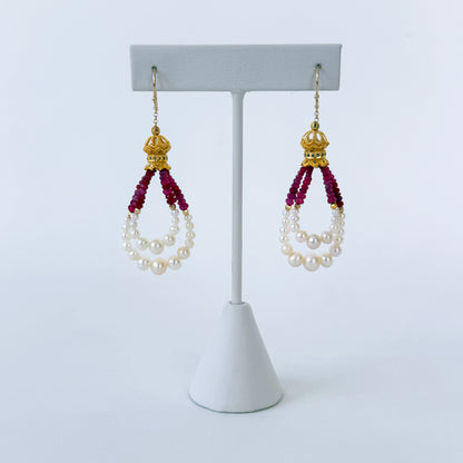 Graduated Ruby, Pearl & 18kYellow Gold Plated Dangle Earrings