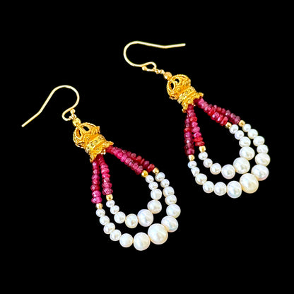 Graduated Ruby, Pearl & 18kYellow Gold Plated Dangle Earrings