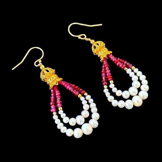 Graduated Ruby, Pearl & 18kYellow Gold Plated Dangle Earrings