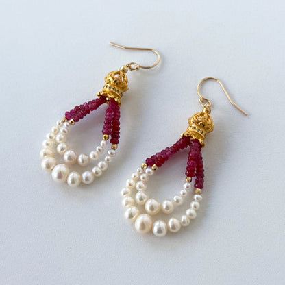 Graduated Ruby, Pearl & 18kYellow Gold Plated Dangle Earrings